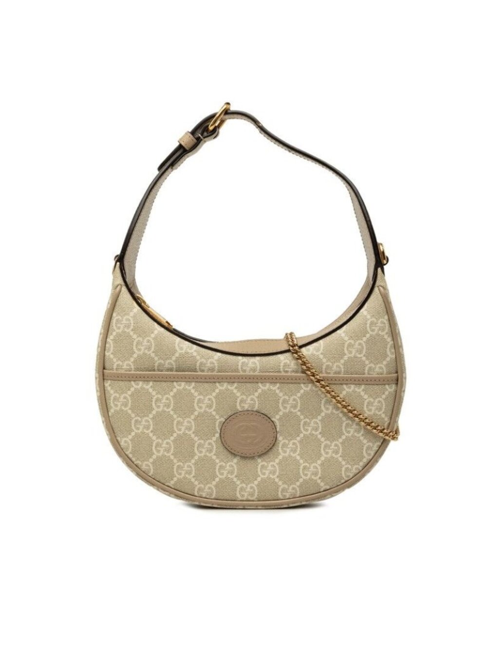 Gucci GG Supreme Half Moon Shape Mini Chain Shoulder Bag 2-Way Beige Leather